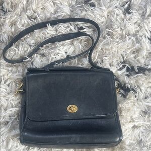 Vintage Coach Black Leather Crossbody Bag with Gold Hardware